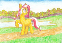 Size: 1024x718 | Tagged: safe, artist:malte279, imported from derpibooru, oc, oc only, oc:colonia, earth pony, autumn, earth pony oc, lake, mascot, solo, traditional art, water, watercolor painting