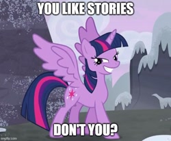 Size: 607x499 | Tagged: safe, edit, edited screencap, imported from derpibooru, screencap, twilight sparkle, alicorn, the cutie map, book, caption, image macro, imgflip, impact font, just one bite, smuglight sparkle, spongebob squarepants, text, that pony sure does love books, twilight sparkle (alicorn), you like krabby patties don't you squidward?