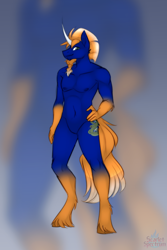 Size: 1080x1620 | Tagged: safe, artist:scarlet-spectrum, imported from derpibooru, oc, oc only, oc:venomous stray, anthro, pony, unicorn, artistic nudity, curved horn, featureless crotch, hand on hip, horn, male, nudity, solo, unshorn fetlocks