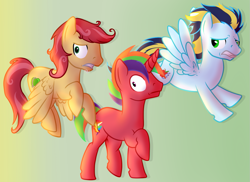 Size: 1235x900 | Tagged: safe, artist:karmadash, imported from derpibooru, apple bloom, applejack, big macintosh, granny smith, oc, oc:soarinjr, oc:spartanapple, oc:zap apple, oc:zappapple, pegasus, unicorn, accidental fire, apple family, best friends, brainless, commission, cousins, fire, fire glow, flying, green eyes, just keep walking, magenta eyes, male, multicolored hair, next generation, offspring, panic, panicking, parent:applejack, parent:big macintosh, parent:braeburn, parent:fluttershy, parent:rainbow dash, parent:soarin', parents:braeshy, parents:rainbowmac, parents:soarinjack, rainbow hair, run away, shipping, story included, two toned mane, walking away