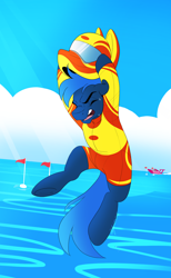 Size: 1680x2736 | Tagged: safe, artist:saddlepatch, imported from derpibooru, oc, oc only, oc:skidfin, earth pony, pony, angry, boat, helmet, jumping, male, ocean, solo, water, wetsuit