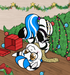 Size: 816x873 | Tagged: safe, artist:rokosmith26, imported from derpibooru, oc, oc only, oc:louis, zebra, commission, decoration, embarrassed, glasses, hearth's warming, male, tail, tail wrap, upside down, ych result