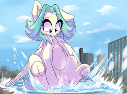 Size: 2781x2059 | Tagged: safe, artist:lustrebeam, imported from derpibooru, pony, big ears, chest fluff, city, cityscape, cloud, cloudy, destruction, ear fluff, giant pony, grooming, hooves, macro, preening, raised hoof, teal mane, water, wave, wings