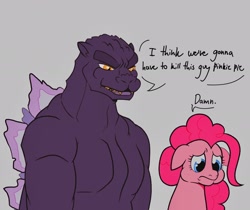 Size: 2048x1720 | Tagged: safe, artist:adoredmarigold, imported from derpibooru, pinkie pie, crossover, floppy ears, godzilla, godzilla (series), imminent murder, sad