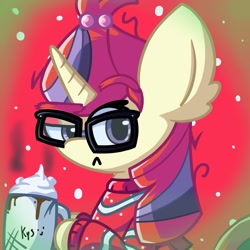 Size: 2048x2048 | Tagged: safe, artist:bluebery57, imported from derpibooru, moondancer, earth pony, pony, unicorn, christmas, clothes, cup, female, holiday, mare, solo, sweater