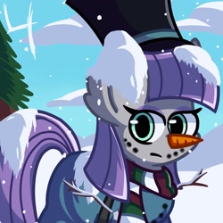 Size: 2048x2048 | Tagged: safe, artist:bluebery57, imported from derpibooru, maud pie, earth pony, pony, carrot, christmas, clothes, female, food, hat, holiday, mare, pine tree, scarf, snow, snowfall, solo, top hat, tree