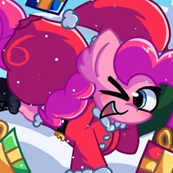 Size: 2048x2048 | Tagged: safe, artist:bluebery57, imported from derpibooru, pinkie pie, earth pony, pony, christmas, christmas outfit, christmas presents, female, hat, holiday, mare, one eye closed, sack, santa hat, solo, wink