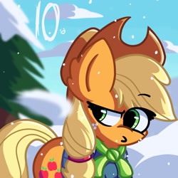 Size: 2048x2048 | Tagged: safe, artist:bluebery57, imported from derpibooru, applejack, earth pony, pony, clothes, female, mare, pine tree, snow, snowball, snowfall, solo, sweater, tree