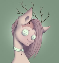 Size: 2021x2160 | Tagged: safe, artist:avi, imported from derpibooru, oc, antlers, bald, button eyes, green background, pink fur, pink hair, simple background, string