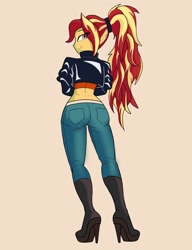 Size: 1217x1588 | Tagged: safe, artist:peel_a_na, imported from derpibooru, sunset shimmer, human, equestria girls, ass, boots, bunset shimmer, butt, clothes, denim, eye clipping through hair, g4, high heel boots, jacket, jeans, leather, leather jacket, looking at you, looking back, looking back at you, midriff, pants, ponytail, rear view, shoes, simple background, solo, stupid sexy sunset shimmer