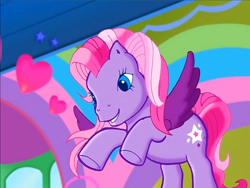 Size: 900x675 | Tagged: safe, imported from derpibooru, screencap, starsong, pegasus, pony, meet the ponies, flying, g3, looking down, rainbow dash's hat fashion party, raised hoof, raised hooves, smiling, solo