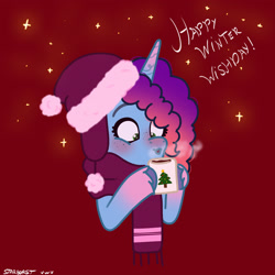 Size: 2480x2480 | Tagged: safe, artist:starburstuwu, imported from derpibooru, pony, unicorn, blushing, chocolate, christmas, clothes, cute, female, food, freckles, g5, hat, holiday, hot chocolate, mare, misty brightdawn, mistybetes, rebirth misty, red background, santa hat, scarf, simple background