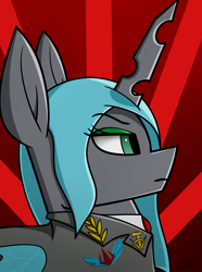 Size: 1248x1680 | Tagged: safe, artist:carolus rex, imported from derpibooru, queen chrysalis, changeling, changeling queen, equestria at war mod, bust, clothes, equestria rises still (equestria at war submod), female, gradient background, insect wings, military uniform, portrait, solo, uniform, wings