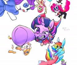 Size: 2048x1741 | Tagged: safe, artist:petaltwinkle, imported from derpibooru, applejack, fluttershy, pinkie pie, rainbow dash, rarity, spike, twilight sparkle, alicorn, dragon, earth pony, pegasus, pony, unicorn, caine (the amazing digital circus), cane, clothes, crossover, dress, female, g4, gangle, grin, gritted teeth, hat, hoof hold, hooves behind head, jax (the amazing digital circus), jester, jester hat, jester outfit, kinger, mane seven, mane six, mare, modular, overalls, pomni, ragatha, simple background, smiling, teeth, the amazing digital circus, top hat, twilight sparkle (alicorn), underhoof, white background, winged spike, wings, zooble