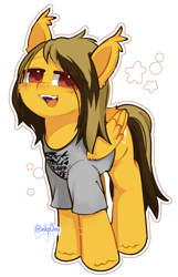 Size: 1265x1969 | Tagged: safe, artist:inkp0ne, imported from derpibooru, pegasus, pony, alex gaskarth, clothes, commission, dyed mane, dyed tail, ear fluff, fangs, folded wings, hair over one eye, lidded eyes, looking at you, male, open mouth, outline, ponified, shirt, signature, simple background, solo, stallion, stars, t-shirt, tail, white background, white outline, wings