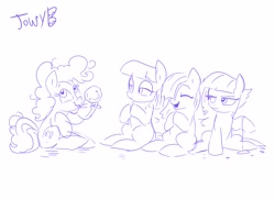 Size: 3425x2480 | Tagged: safe, artist:jowyb, imported from derpibooru, limestone pie, marble pie, maud pie, pinkie pie, earth pony, pony, cute, diapinkes, eyes closed, female, filly, filly pinkie pie, foal, g4, hand puppet, happy, lidded eyes, marblebetes, maudabetes, monochrome, open mouth, open smile, pie sisters, puppet, siblings, simple background, sisters, smiling, unamused, white background, yo-yo, younger