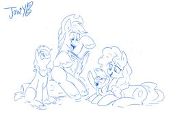 Size: 3425x2480 | Tagged: safe, artist:jowyb, imported from derpibooru, applejack, big macintosh, bright mac, pear butter, earth pony, pony, book, colt, colt big macintosh, family, female, filly, filly applejack, foal, lying down, male, monochrome, open mouth, open smile, prone, signature, simple background, sitting, sketch, smiling, story time, white background, younger