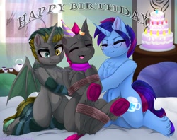 Size: 3151x2500 | Tagged: safe, artist:taiweiart, imported from derpibooru, oc, oc:card shark, oc:golden mango, oc:marquis majordome, alicorn, bat pony, bat pony alicorn, changeling, unicorn, bat pony oc, bat wings, birthday, birthday cake, blushing, bondage, cake, changeling oc, chest fluff, clothes, cute, featureless crotch, food, horn, kneeling, socks, striped socks, tickling, underhoof, unicorn oc, wings