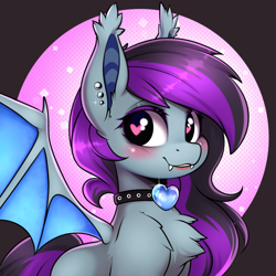 Size: 1000x1000 | Tagged: safe, artist:ynery, imported from derpibooru, oc, oc only, oc:ynery, bat pony, pony, bat ears, bat pony oc, bat wings, blushing, chest fluff, ears up, fangs, female, heart, heart eyes, jewelry, looking at you, mare, necklace, purple hair, smiling, smiling at you, solo, spread wings, wingding eyes, wings