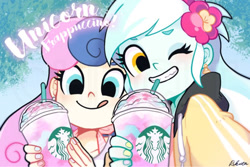 Size: 1170x780 | Tagged: safe, artist:rikuta, imported from ponybooru, character:bon bon, character:lyra heartstrings, character:sweetie drops, clothes, drink, duo, grin, hoodie, my little pony:equestria girls, smiling, starbucks, unicorn frappuccino