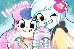 Size: 700x467 | Tagged: safe, artist:rikuta, imported from ponybooru, bon bon, lyra heartstrings, sweetie drops, clothes, drink, duo, grin, hoodie, my little pony:equestria girls, smiling, starbucks, unicorn frappuccino