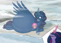 Size: 5011x3531 | Tagged: safe, artist:carnifex, imported from derpibooru, twilight sparkle, oc, oc:marinia, alicorn, hippogriff, kaiju, kaiju pony, monster pony, belly, belly button, big belly, blushing, crown, cupcake, duo, duo female, female, fetish, food, hippogriff oc, huge belly, hyper, hyper belly, hyper pregnancy, imminent nom, impossibly large belly, jewelry, lying down, macro, magic, mist, ocean, on side, pregnant, regalia, scenery, sharp teeth, ship, smiling, smug, teeth, twilight sparkle (alicorn), water