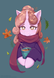 Size: 1600x2300 | Tagged: safe, artist:moewwur, artist:rin-mandarin, imported from derpibooru, oc, oc only, oc:plum rose, pony, unicorn, autumn, clothes, commission, cup, ear piercing, earring, ginger hair, halfbody, horn, jewelry, leaves, light fur, maid, piercing, scarf, solo, teacup, unicorn oc, ych result