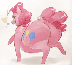 Size: 658x600 | Tagged: safe, artist:secretgoombaman12345, imported from derpibooru, pinkie pie, earth pony, pony, balloonbutt, butt, fat, female, heart, huge butt, large butt, looking at you, looking back, looking back at you, overweight, plot, pudgy pie, solo