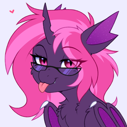 Size: 3000x3000 | Tagged: safe, artist:pesty_skillengton, imported from derpibooru, oc, bat pony, pony, bat wings, bust, chest fluff, cute, fangs, female, glasses, horn, mare, portrait, solo, tongue out, wings