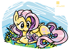 Size: 433x316 | Tagged: dead source, safe, artist:cr4yolapc, fluttershy, butterfly, pegasus, pony, female, lying down, prone, simple background, solo, white background