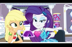 Size: 719x472 | Tagged: safe, imported from derpibooru, screencap, applejack, rarity, equestria girls, apple, clothes, dress, duo, duo female, exclamation point, female, food, heart, implied lesbian, implied rarijack, implied shipping, jewelry, pun, shipping fuel, shirt, tent, visual pun