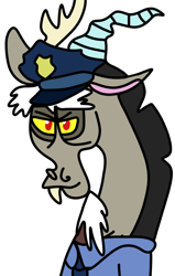 Size: 630x990 | Tagged: safe, artist:jadeharmony, imported from derpibooru, discord, antlers, discop, hat, horn, police officer, simple background, solo, transparent background