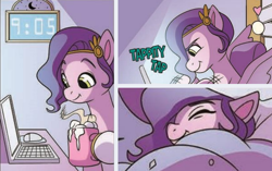 Size: 756x475 | Tagged: safe, idw, imported from derpibooru, pipp petals, pegasus, pony, spoiler:comic, spoiler:g5comic, spoiler:g5comic04, adorapipp, blanket, chocolate, collage, computer, cropped, cute, female, food, g5, hot chocolate, laptop computer, mare, marshmallow, sleeping, solo