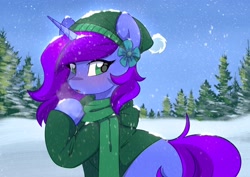 Size: 3508x2480 | Tagged: safe, artist:cottonaime, imported from derpibooru, oc, oc:aliss, alicorn, alicorn oc, clothes, commission, flower, flower in hair, horn, jacket, scarf, snow, snowfall, solo, tree, wings