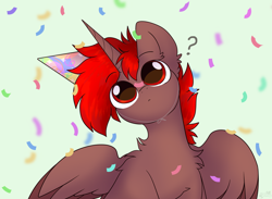 Size: 3480x2549 | Tagged: safe, artist:mariashek, imported from derpibooru, oc, oc:hardy, alicorn, pony, birthday, confetti, front view, happy birthday, hat, high res, male, o.o, party hat, question mark, solo, spread wings, stallion, wings