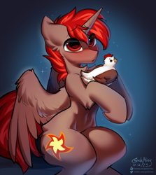 Size: 3447x3858 | Tagged: safe, artist:gicme, imported from derpibooru, oc, oc:hardy, alicorn, bird, chicken, pony, blushing, high res, male, sitting, solo, spread wings, stallion, wings