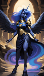 Size: 1608x2760 | Tagged: safe, imported from derpibooru, princess luna, alicorn, anthro, unguligrade anthro, ai content, ai generated, clothes, dress, ethereal mane, ethereal tail, feathered wings, female, hooves, horn, pose, prompter:steve lahnring, solo, solo female, spread wings, standing, tail, wings