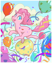 Size: 3421x4094 | Tagged: safe, artist:stratodraw, imported from derpibooru, pinkie pie, earth pony, pony, balloon, confetti, dock, open mouth, open smile, smiling, solo, tail, that pony sure does love balloons
