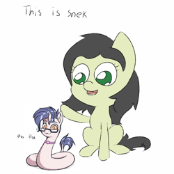 Size: 720x720 | Tagged: safe, artist:happy harvey, artist:shydale, edit, imported from twibooru, oc, oc only, oc:filly anon, oc:yodi, earth pony, original species, pony, snake, snake pony, collar, duo, female, filly, glasses, horn, image, looking at you, male, meme, png, simple background, white background