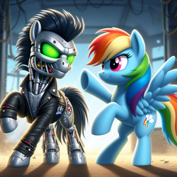 Size: 1024x1024 | Tagged: safe, imported from derpibooru, rainbow dash, soarin', pony, robot, robot pony, ai content, ai generated, clothes, cosplay, costume, generator:bing image creator, prompter:*rainbow dash*, t-800, terminator