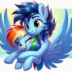 Size: 1024x1024 | Tagged: safe, imported from derpibooru, rainbow dash, soarin', ai content, ai generated, blushing, female, generator:bing image creator, happy, hug, male, prompter:*rainbow dash*, ship:soarindash, shipping, smiling, spread wings, straight, wings