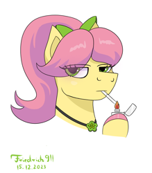 Size: 700x800 | Tagged: safe, artist:friedrich991, imported from derpibooru, earth pony, pony, cigarette, eye clipping through hair, g5, lighter, posey bloom, simple background, smoking, solo, white background