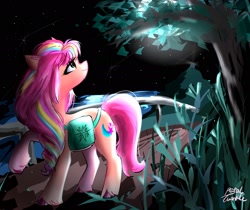 Size: 2048x1723 | Tagged: safe, artist:petaltwinkle, imported from derpibooru, sunny starscout, earth pony, pony, bag, female, g5, looking back, looking up, mane stripe sunny, mare, saddle bag, signature, smiling, solo, turned head