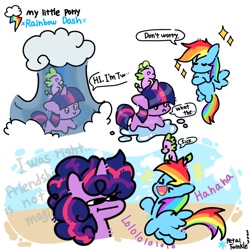 Size: 1200x1200 | Tagged: safe, artist:petaltwinkle, imported from derpibooru, rainbow dash, spike, twilight sparkle, pegasus, pony, unicorn, friendship is magic, :t, comic, dialogue, female, g4, laughing, male, mare, riding, scene interpretation, simple background, sparkles, speech bubble, spike riding twilight, trio, unicorn twilight, wet, wet mane, white background, xd