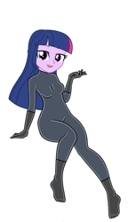 Size: 1553x2699 | Tagged: safe, artist:missmoonlightangel, imported from derpibooru, twilight sparkle, human, equestria girls, base used, bodysuit, catsuit, clothes, latex, latex suit, looking at you, simple background, sitting, solo, white background