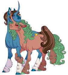 Size: 1086x1200 | Tagged: safe, artist:snowberry, imported from derpibooru, oc, oc only, oc:cool tempo, oc:sweet pea (snowberry), pony, unicorn, derpibooru community collaboration, 2024 community collab, blushing, coat markings, couple, curly hair, curved horn, cute, cutie mark, duo, eyes closed, female, floppy ears, fluffy, height difference, hoof hold, horn, hug, male, mare, nuzzling, ponysona, raised hoof, realistic horse legs, simple background, smiling, socks (coat markings), stallion, tail, tail hug, teeth, transparent background, two toned mane, unshorn fetlocks