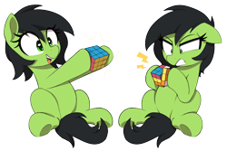 Size: 1500x1000 | Tagged: safe, artist:thebatfang, oc, oc:filly anon, earth pony, pony, before and after, female, filly, frustrated, gritted teeth, rubik's cube, simple background, sitting, smiling, solo, transparent background, underhoof
