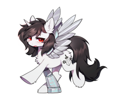 Size: 2009x1690 | Tagged: safe, artist:swaybat, imported from derpibooru, oc, oc:machine storm, cyborg, pony, undead, unicorn, vampire, derpibooru community collaboration, 2024 community collab, amputee, artificial alicorn, artificial wings, augmented, male, prosthetic limb, prosthetics, solo, solo male, wings