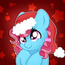 Size: 3500x3500 | Tagged: safe, artist:sweet cream, imported from derpibooru, cup cake, earth pony, pony, abstract background, bust, christmas, commission, cute, female, g4, hat, holiday, mare, santa hat, smiling, solo, ych result