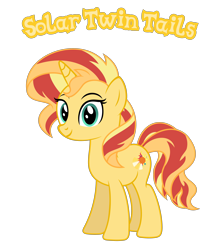 Size: 3156x3593 | Tagged: safe, anonymous artist, imported from derpibooru, oc, oc only, oc:solar twin tails, pony, unicorn, closed mouth, description is relevant, eyebrows, eyelashes, eyes open, female, g4, happy, high res, looking, looking at you, mare, name, nostrils, offspring, parent:oc:sunbeam flare, parent:oc:sunlit glow, product of incest, simple background, smiling, smiling at you, solo, standing, story included, text, transparent background, vector